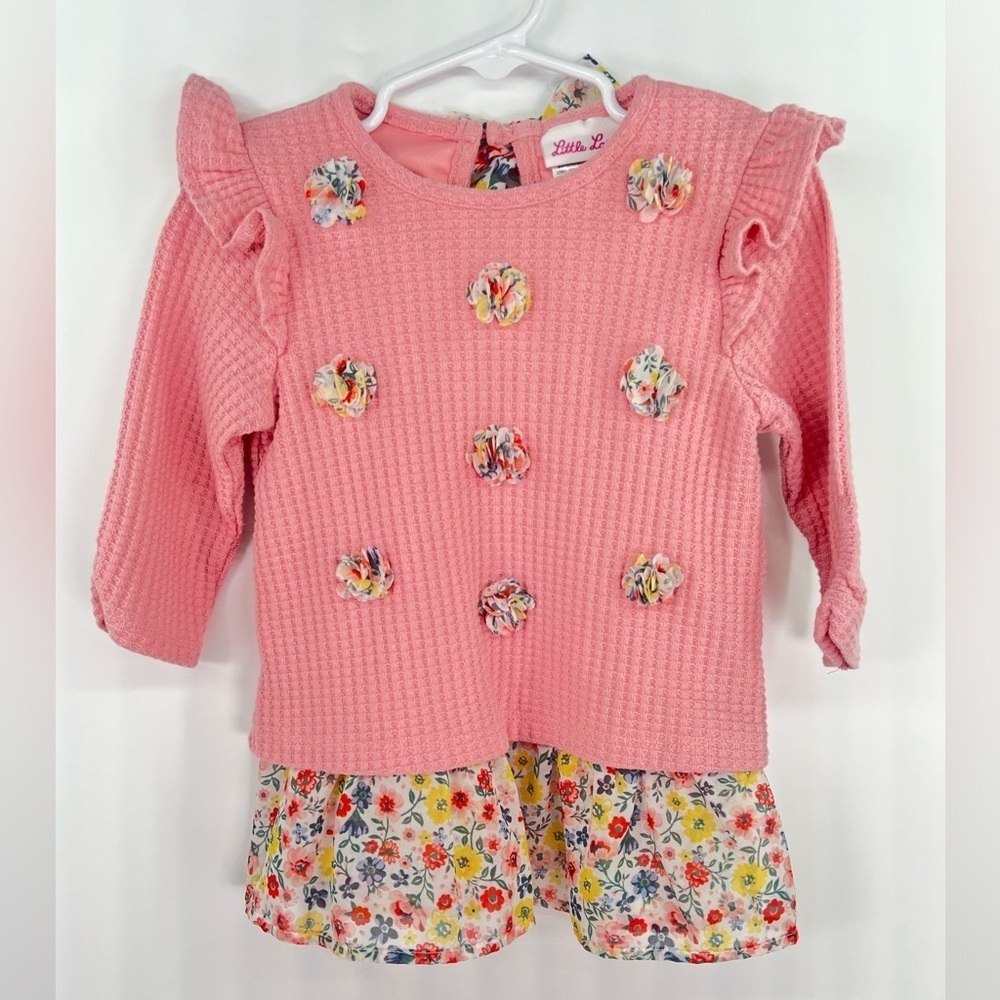 Little Lass pink and floral long sleeve waffle knit top ruffle shoulders size 3T